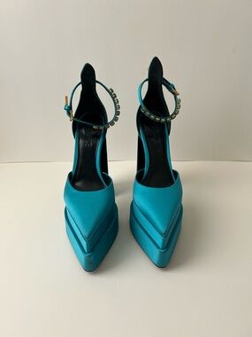 Versace Teal Satin Pointed Toe Platform Pumps with Beaded Ankle Straps
